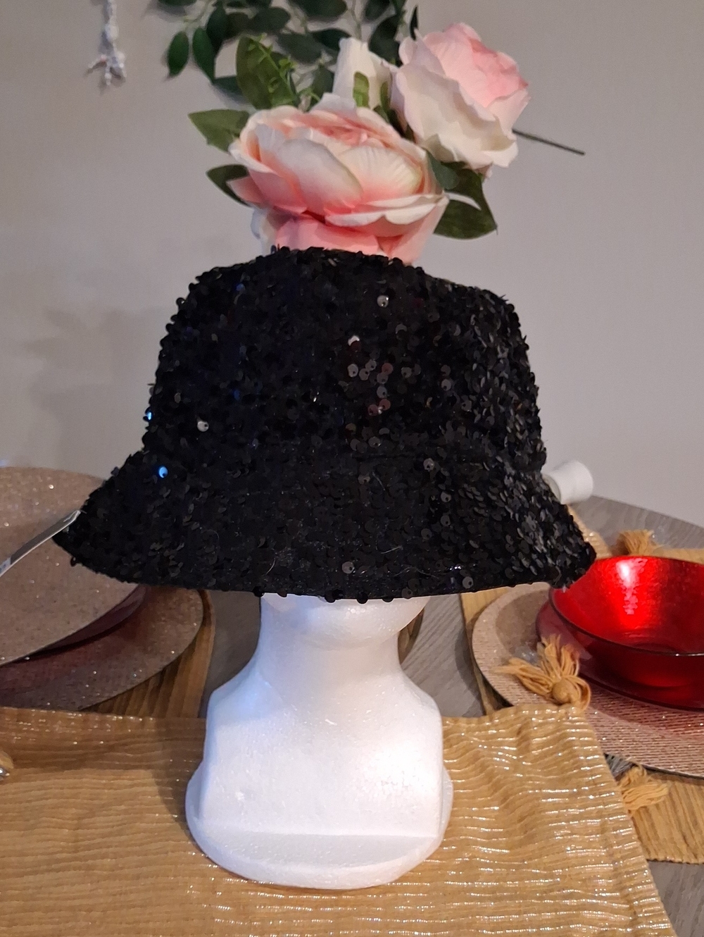 Black Sequin Bucket Hat for Women - Sparkle Accent